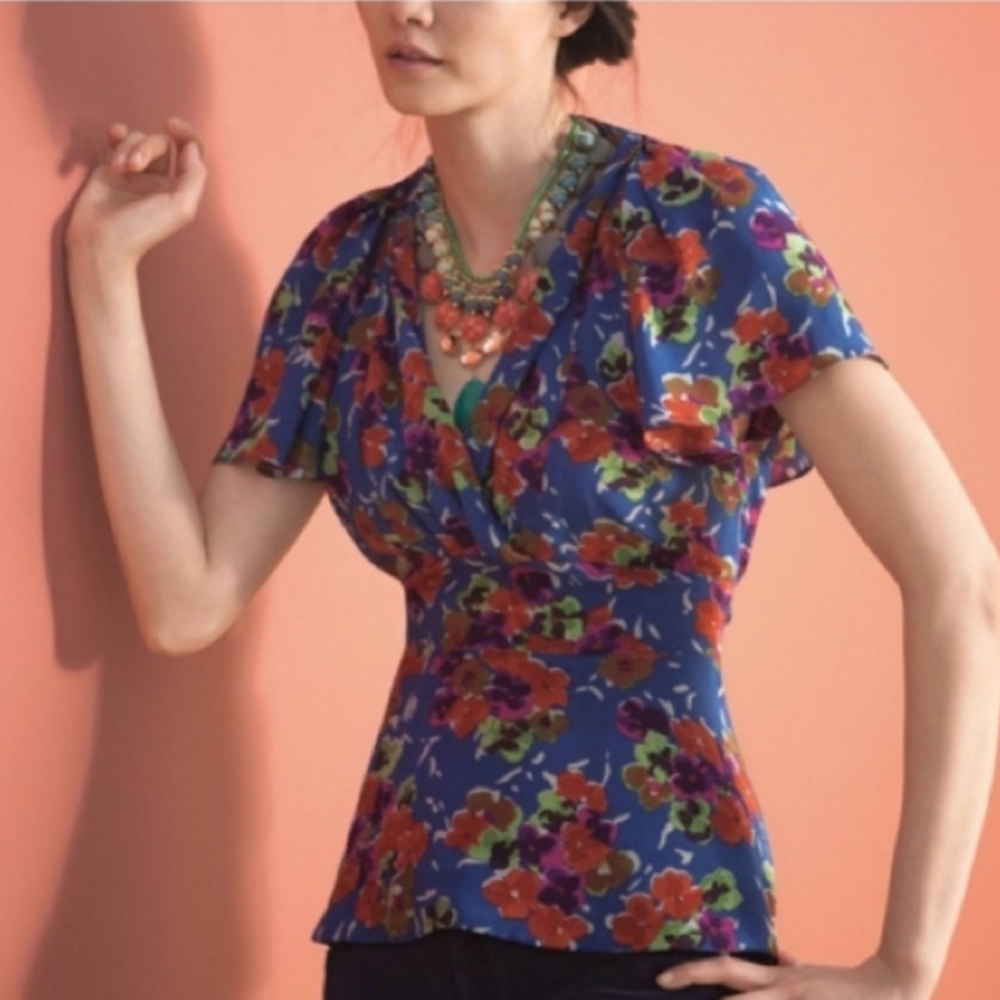Anthropologie Girls From Savoy Silk Floral Flutter Sleeve Top Size 6